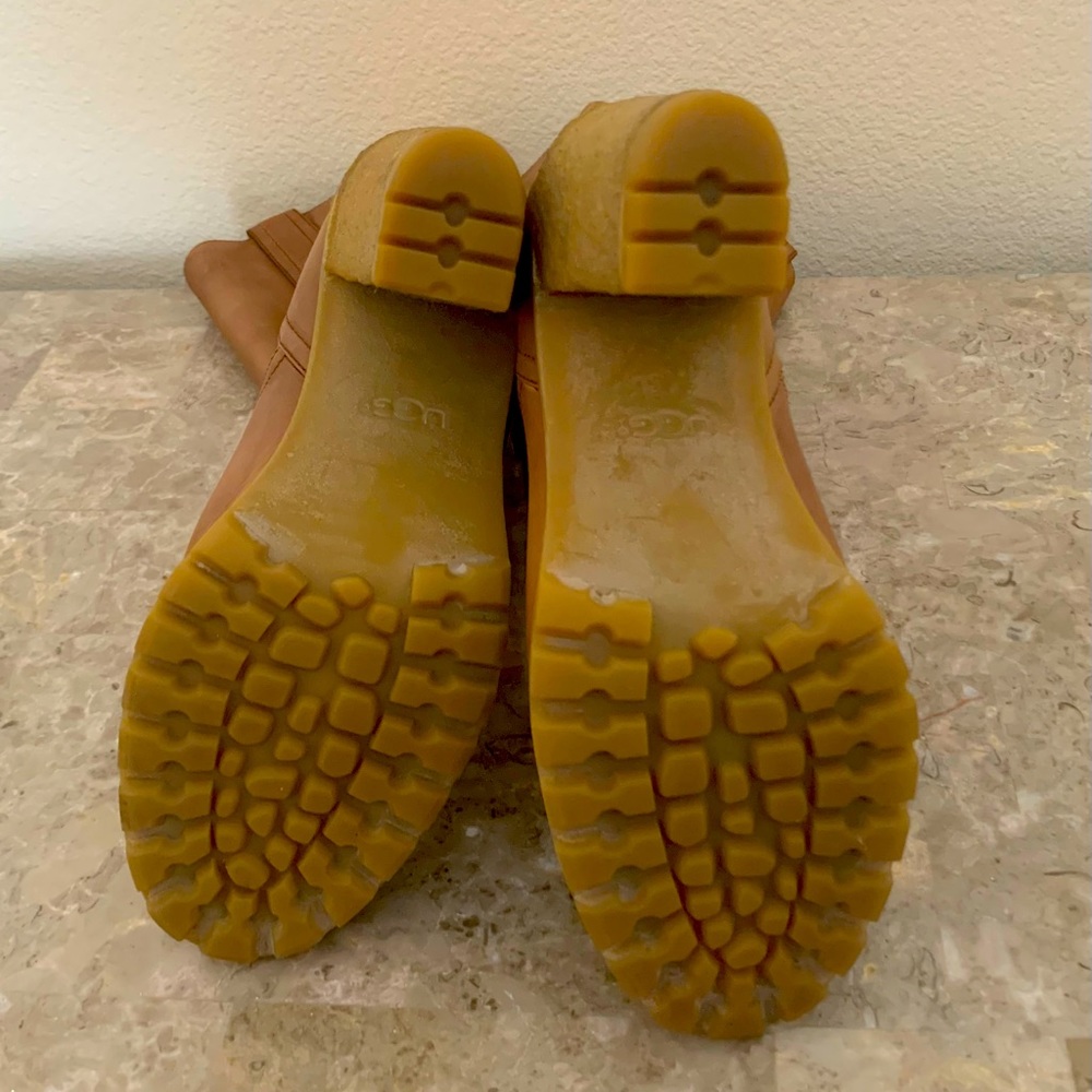 UGG Boots, Soft Tan Leather, Mid-Calf, Insulated for warmer weather.